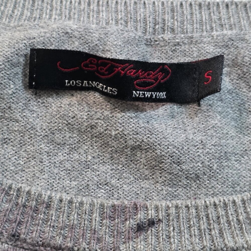 Ed Hardy Bird AOP Sweater Mens S Gray Beige LS Office Cottage Y2K Grunge Cotton - Picture 3 of 15